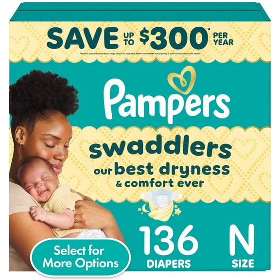 Pampers Swaddlers Baby Diapers Size Newborn, 136 Count (Select for More Options)