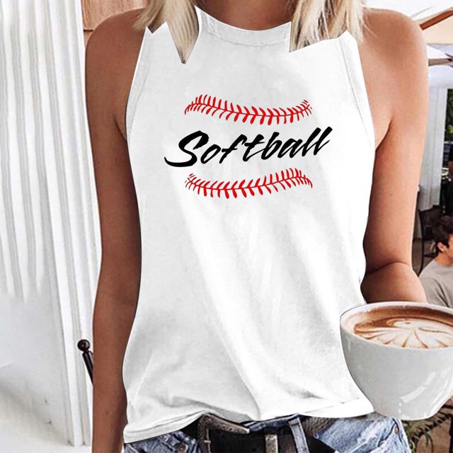Womens Fashion Summer Casual Baseball Print Sleeveless Top