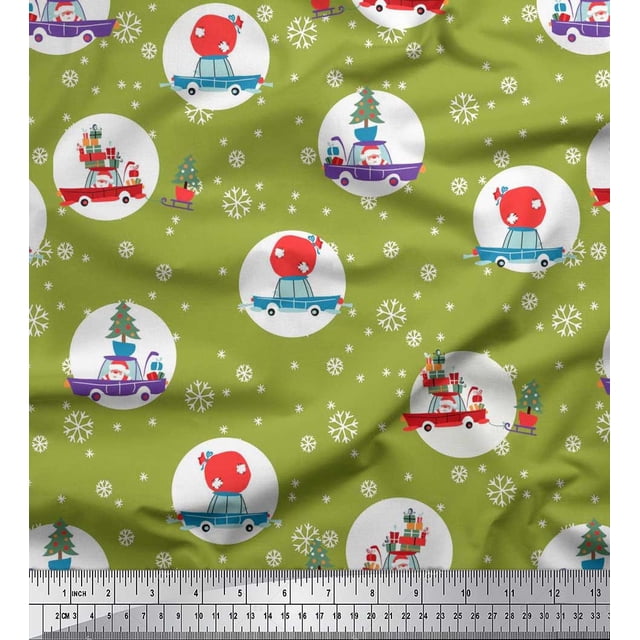Soimoi Rayon Fabric Gift Box,Car & Santa Christmas Print Fabric by The Yard 42 Inch Wide