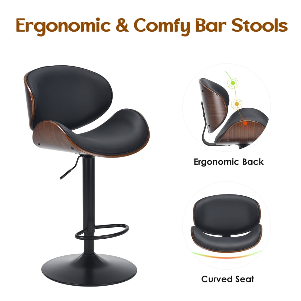 A set of 2 height-adjustable swivel bar stools with PU leather seats and backrests, featuring footrests, suitable for kitchen bar counters or home bars