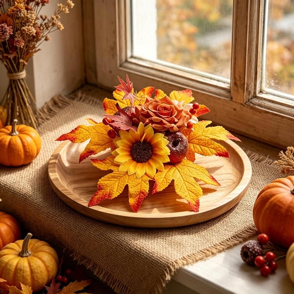 Vintage Fall Pumpkin Sunflower Maple Leaf Table Centerpiece, Weatherproof Fade-Resistant Floral Arrangement, Reusable Seasonal Decor For Thanksgiving Halloween Desktop Mantel Indoor Holiday Ornament