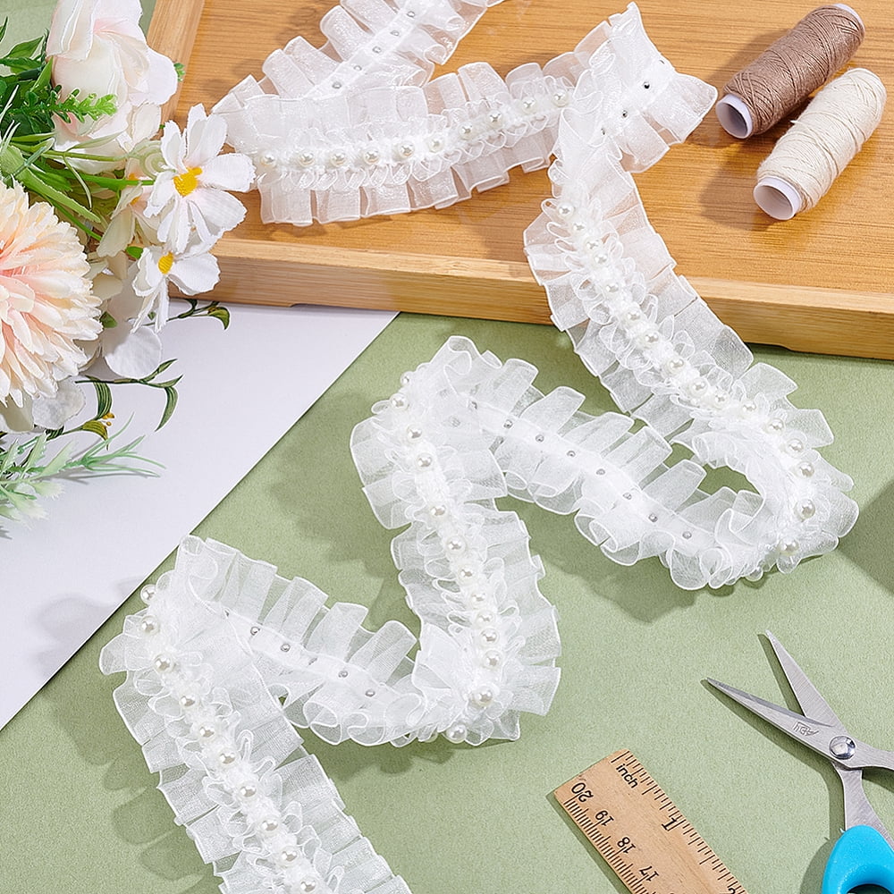 5M Chiffon Flower Lace Trim Ribbon with Imitation Pearl for Garment Accessories Gift Decoration White 1-5/8 inch(40mm) for DIY