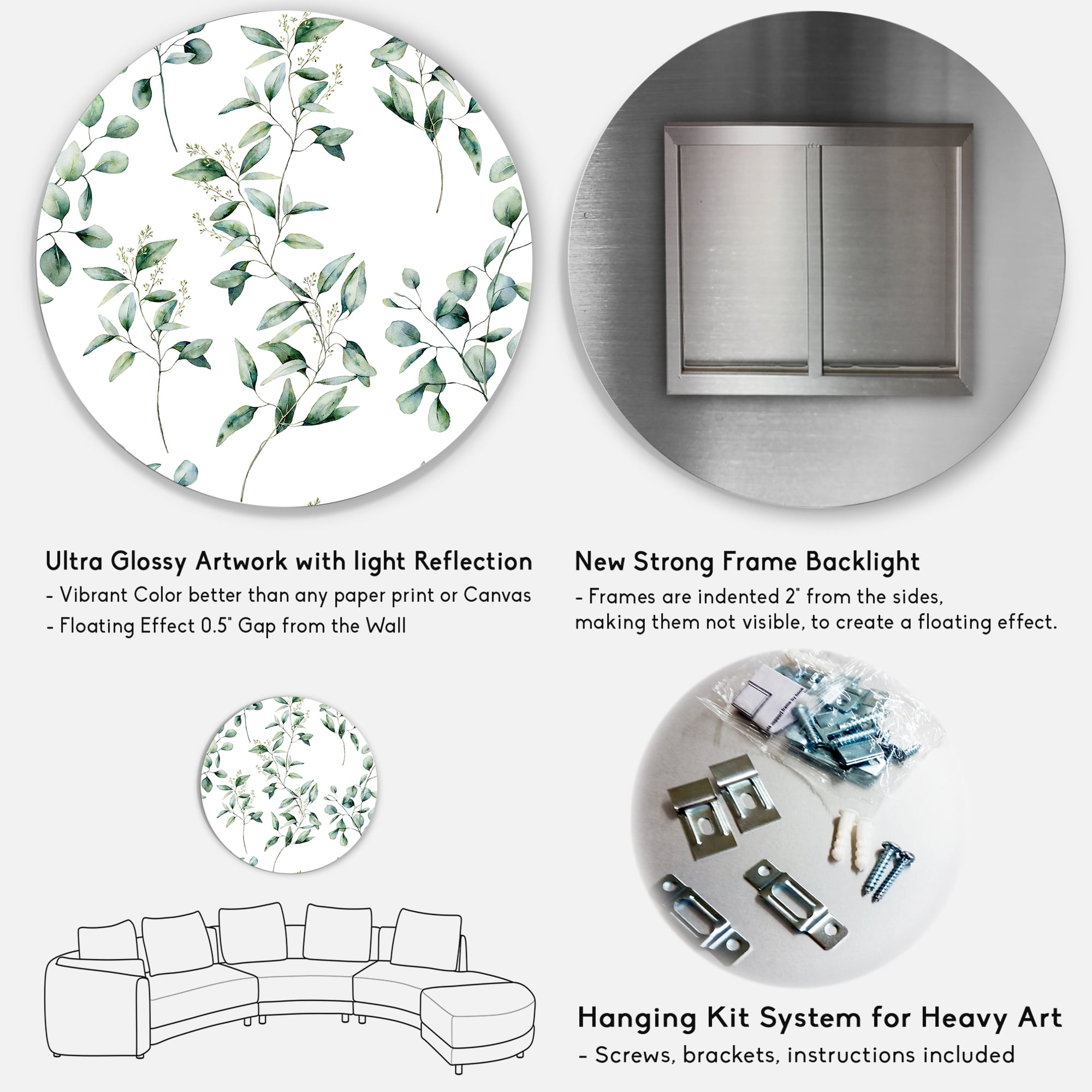 Designart 'Green Eucalyptus Plant Branches IV' Traditional Circle Metal Wall Art 36x36 - Disc of 36