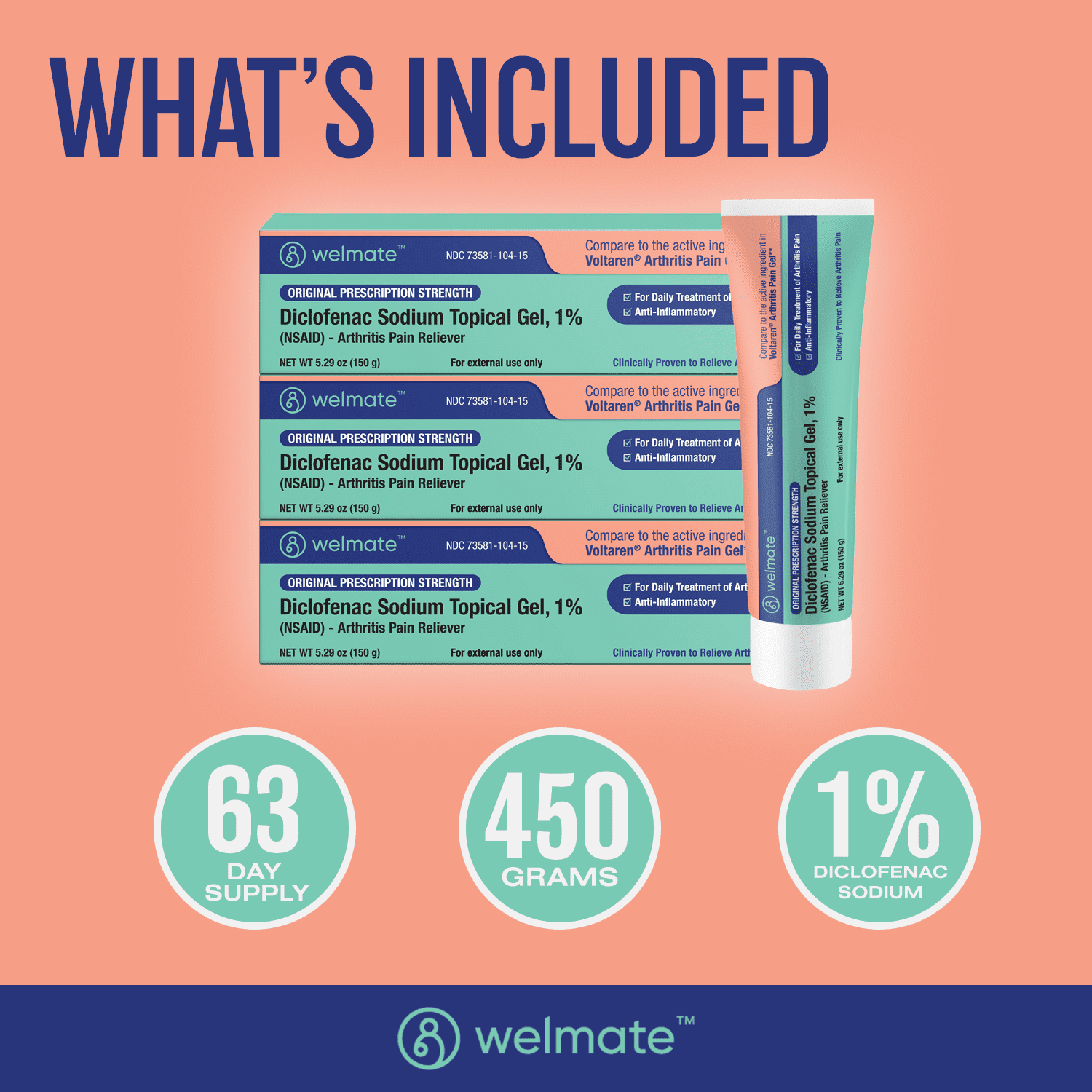 WELMATE Pain Reliever, 1% Diclofenac Sodium Topical Arthritis Gel, 150g (Pack of 3)