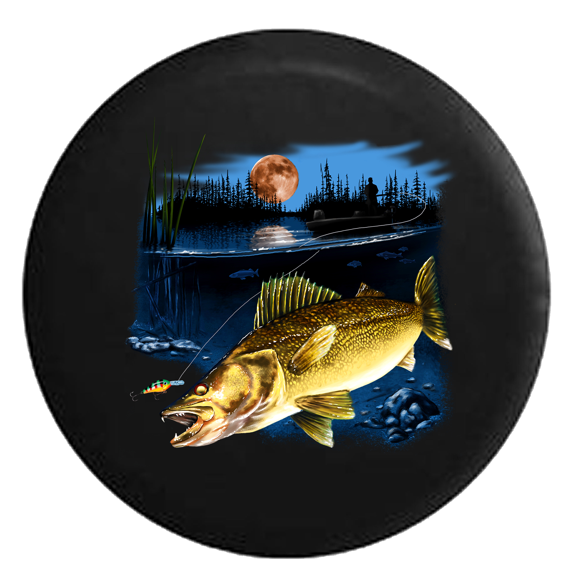 Walleye Fish in the Lake Fishing Lure at Night Full Moon Black 27.5 in