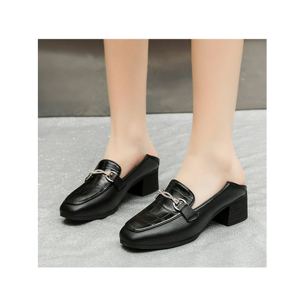 UKAP Women Pumps Square Toe Dress Shoes Comfort Loafers Outdoor Chunky  Loafer Vintage Work Shoe Black 6.5