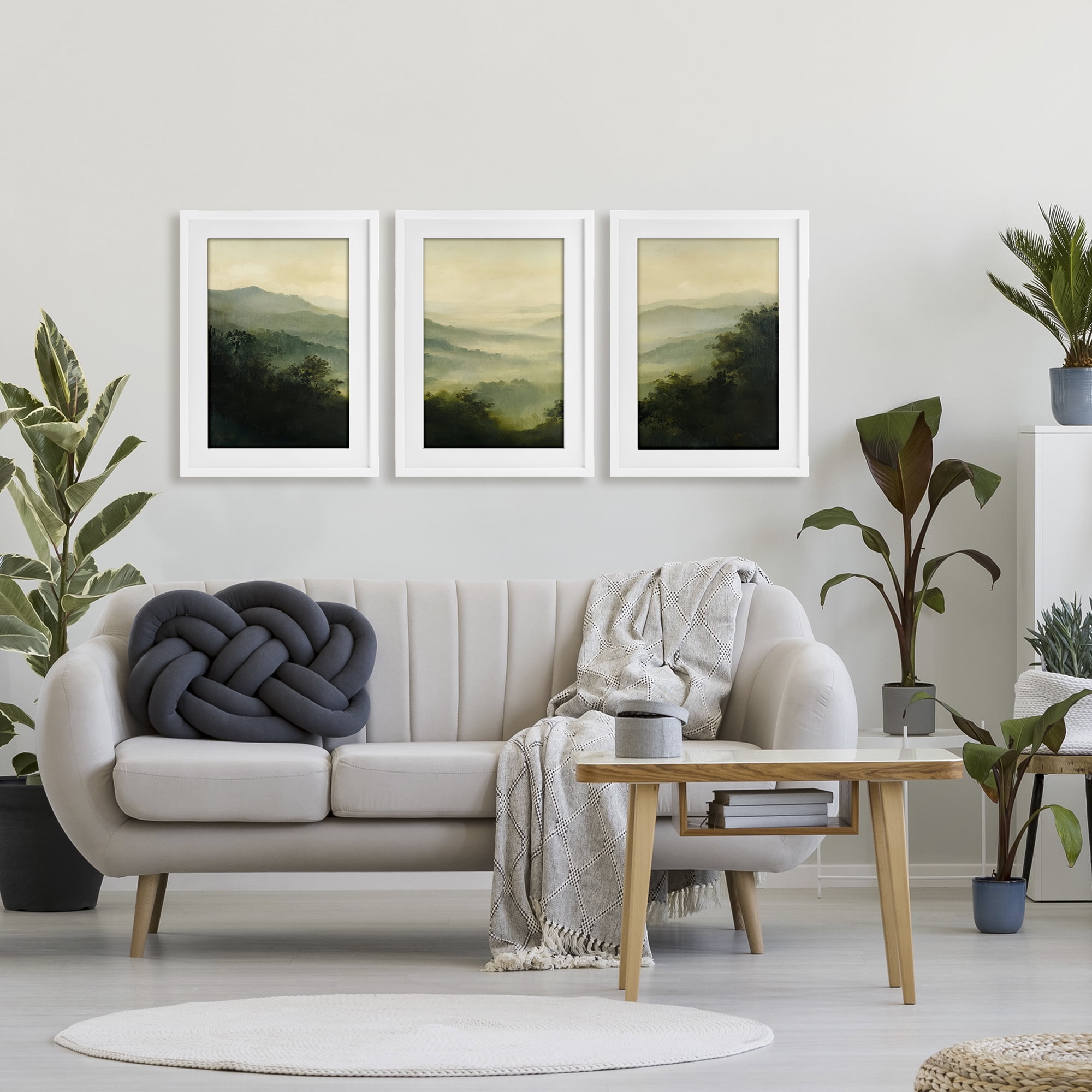 Stupell Industries Through The Haze Mountain Panorama 3 Piece White Framed Print Under Glass Set, design by Petal Prints Design