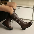 thumbnail image 3 of Mid Calf Combat Riding Boots for Women Vintage Casual Buckles Leather Lace up Low Heel Knee High Long Tall Boots, 3 of 6