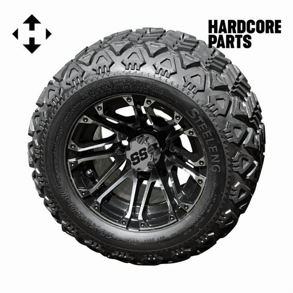 Hardcore Parts 10" Machined/Black 'Lancer' Golf Cart Wheels and 18″x9″-10″ DOT rated All-Terrain tires - Set of 4, includes Chrome 'SS' center caps and 1/2x20 Chrome lug nuts