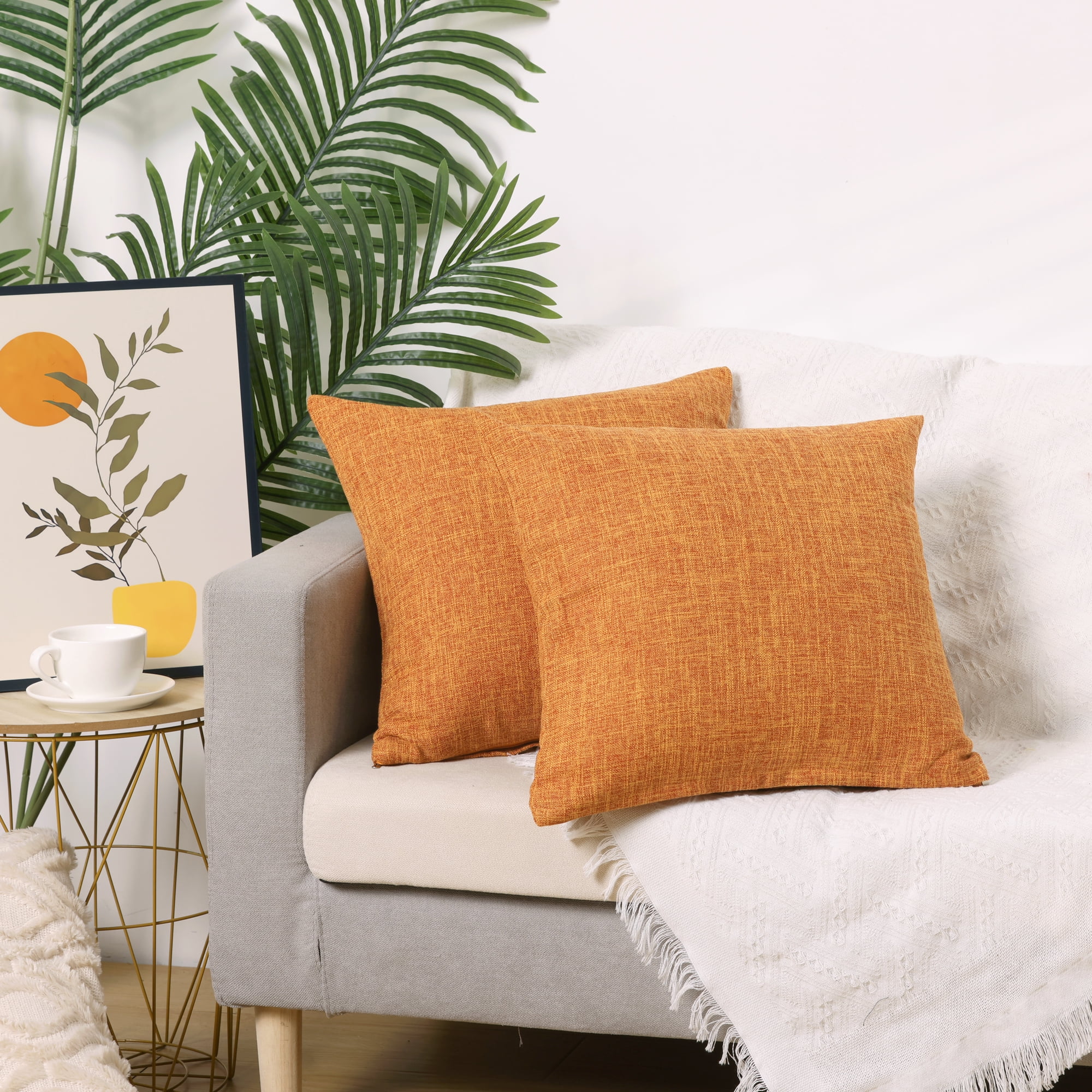 Unique Bargains 4 Pcs Solid Linen Pillow Covers Set Soft Decorative Throw Pillow Cover Orange/Dark Gray 16" x 16"