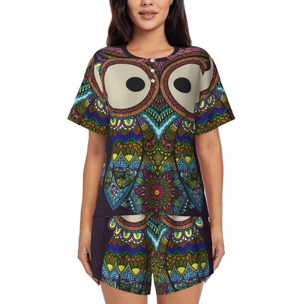 Fotbe Boho Owl Conjunto de Pijama Estampado para Mujer, 2 Piezas, Ropa de Dormir con Camiseta de Manga Corta y Shorts Suaves-Medium