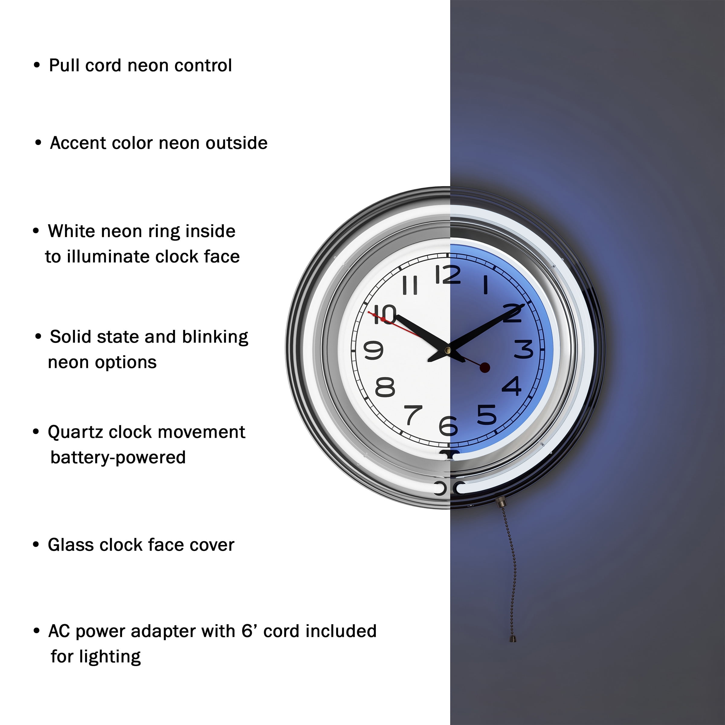 Double Light Ring Neon Wall Clock- 14” Round Green Analog Quartz Timepiece- Retro Decor for Bar Dual Power Garage & Game Room by Lavish Home