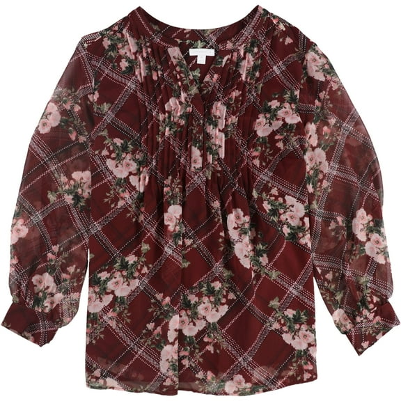 Charter Club Womens Floral Pintucked Pullover Blouse, Red, Plus Size, 3X