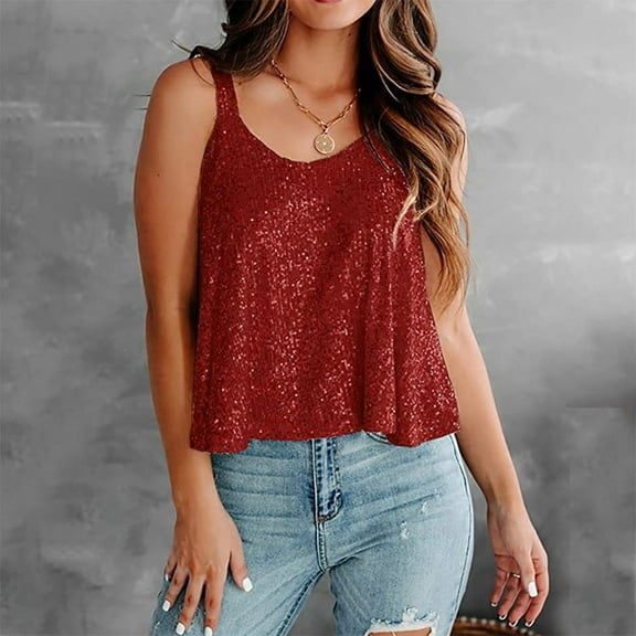 Womens Tank Tops Wycnly Going out Tops for Women Trendy Party Club Sparkly Sequin Strap Shirts Summer Ladies Loose Crewneck Sleeveless Cami Blouses Tank Top