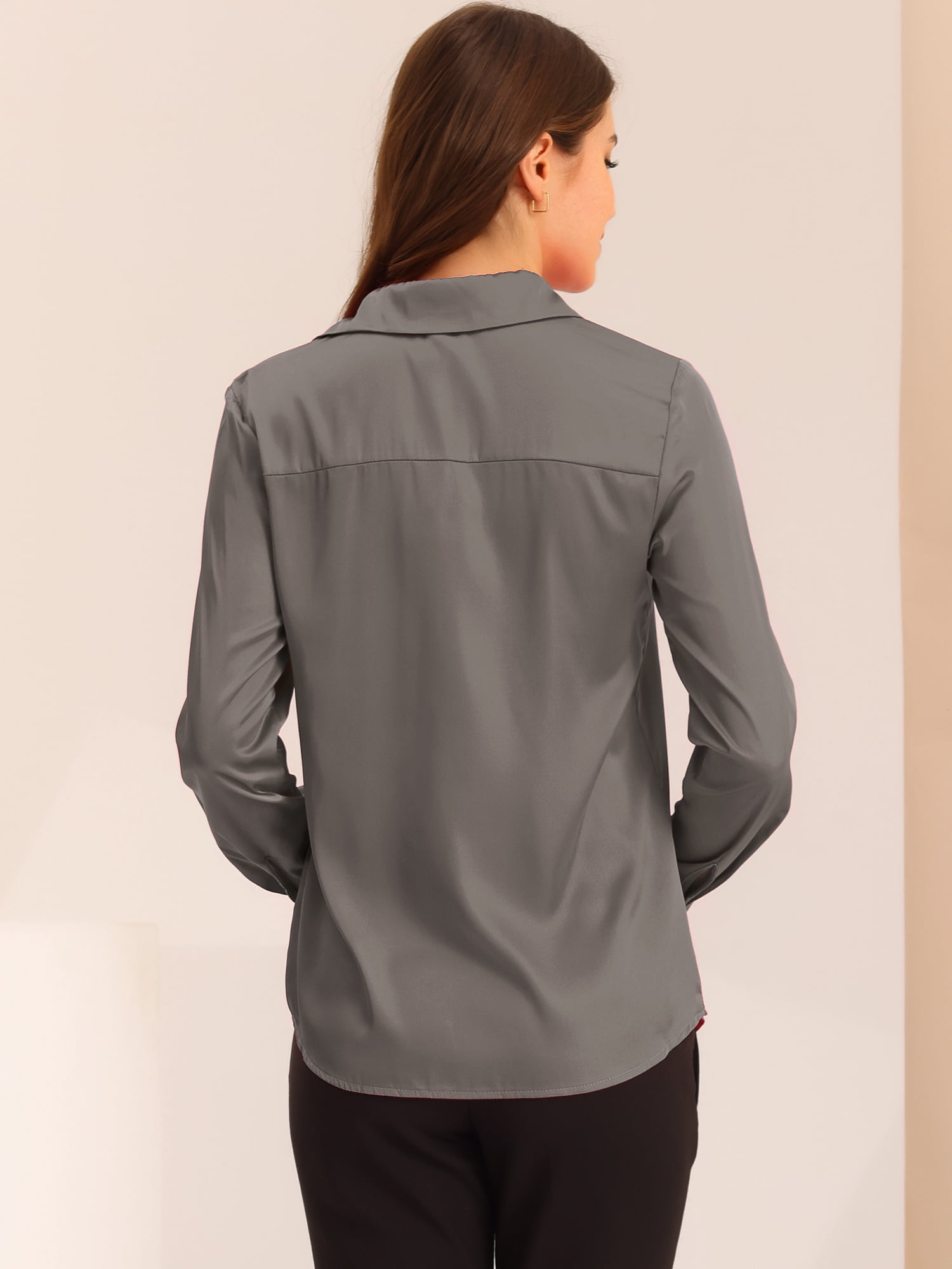 DARING DIVA Women's V Neck Classic Work Office Long Sleeve Shirt M Gray