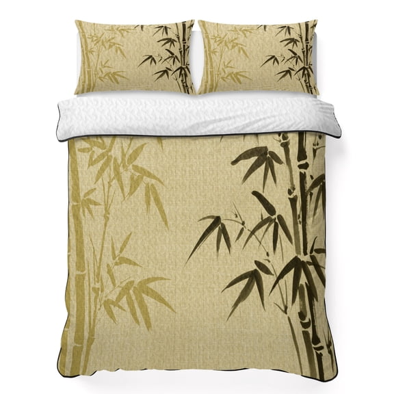 King Quilt Set 96''x106'', Vintage Bamboos Lightweight Summer Bedspread Coverlet Set with 2 Pillow Shams, Ink Painting Retro Art Rustic Breathable All Season Quilt Bedding for Bedroom/Guest Room
