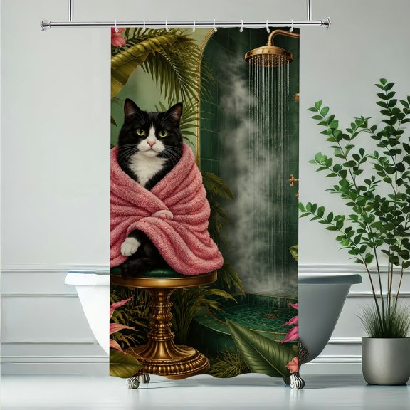 RKSupls Tuxedo Cat In Pink Towel By Shower Waterproof Shower Curtain Polyester Shower Curtain with Hooks for Chic Elegant Home Bathtub Bathroom Decor