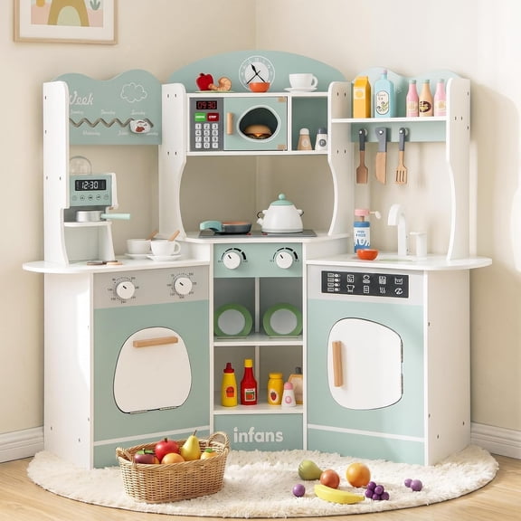 OLAKIDS Corner Kids Kitchen Playset, Toddler Wooden Pretend Cooking Set with Lights Sounds Coffee Machine Washing Machine, Stove Removable Sink Storage Cabinet, Simulation Play Kitchen Toy