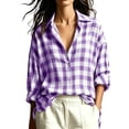 thumbnail image 3 of Noric Women Collared Gingham Plaid Button Down Shirt Loose Fit Long Sleeve Roll Tab Cuff Casual Tops, 3 of 9