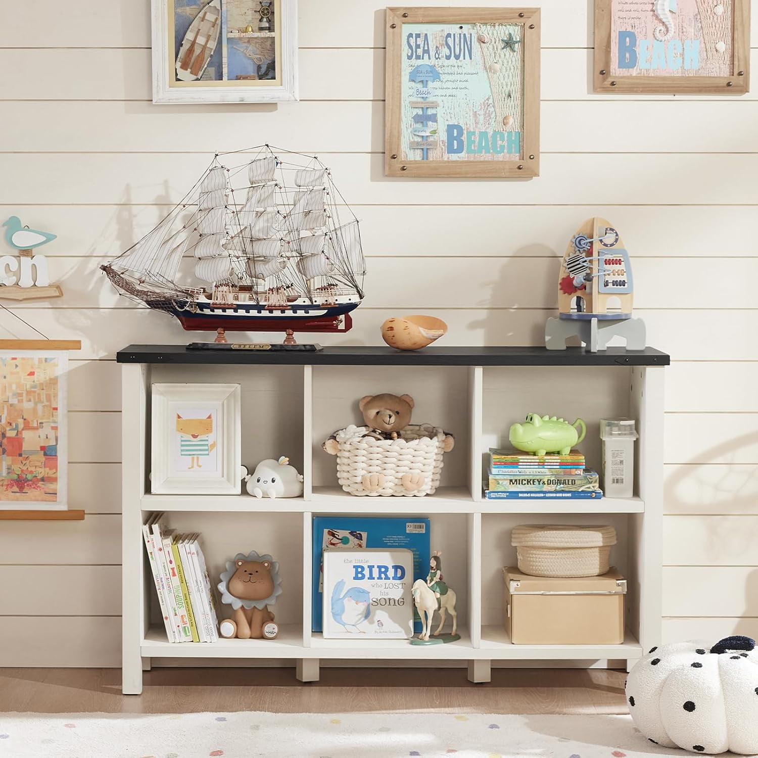 Farmhouse 6 Cube Bookshelf Antique White & Black Wooden Storage Organizer Book Shelf 47 Cubby Hallway Bookcase Kids Toy Storage Cabinet Modern Open Book Case for Living Room Playroom
