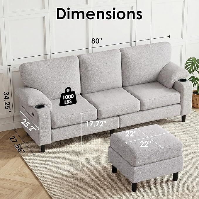 Howcool 80" Convertible Sectional Sofa Couch, L-Shaped Loveseat with Storage Ottoman, USB Ports, Cup Holders & Deep Seats, Modern Teddy Fabric Couch for Apartment Living Room Small Space, Light Grey
