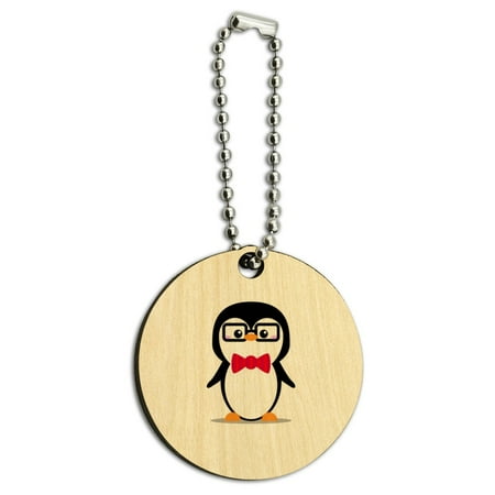 - Cartoon Penguin with Bow Tie and Glasses Wood Wooden Round Keychain Key Chain Ring