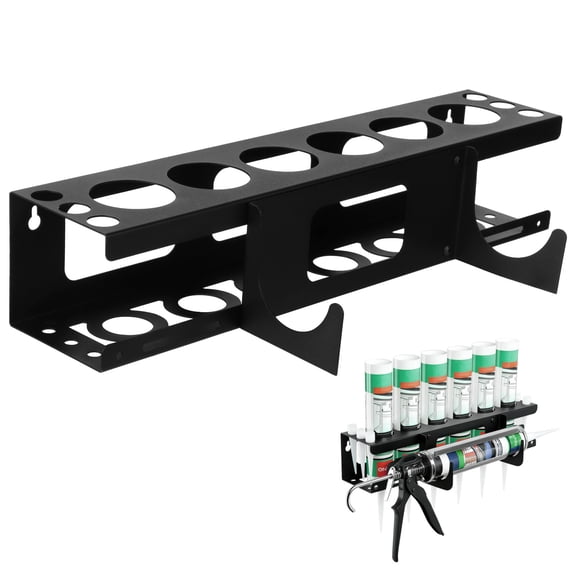 Caulking Tube Holder Rack, Wall Mount Sealant Organizer with 6 Tube Slots and 6 Nozzle Holders, Heavy Duty Carbon Steel Storage for Garage Workshop and Tool Cart, Black