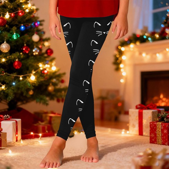 ZHOGXU Big Kids Girls Leggings High Waist Cute Cat Printed Slim Fit Comfortable Stretch Pants Trousers For Daily Wear Black 3-4 Years