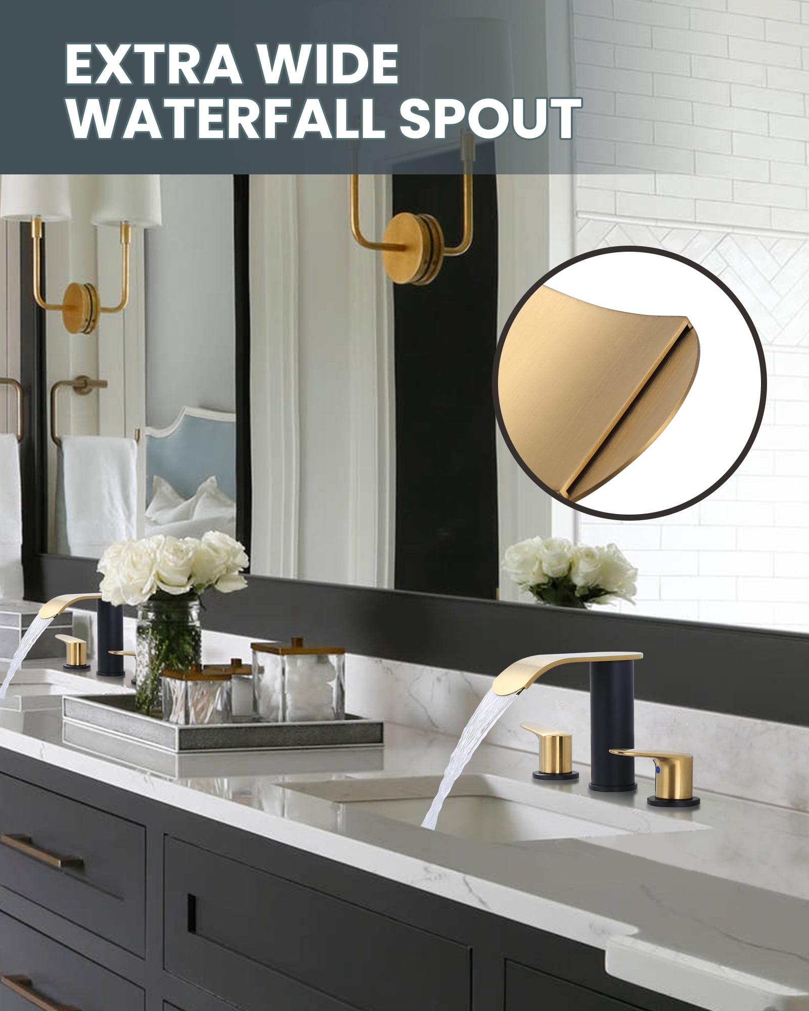 WOWOW Waterfall Bathroom Faucet 3 Holes 8Inch Widespread Bathroom Sink Faucet