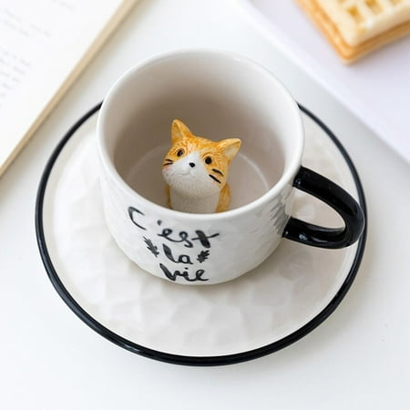 

220Ml Creative Small Capacity Mug Embossed Cat Ceramic Cup Small Animal Coffee Cup Cup And Saucer Water Cup With Spoon