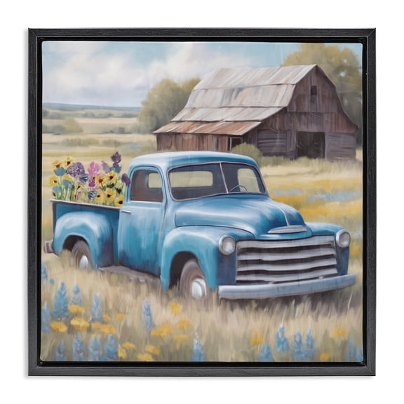 Stupell Industries Flower Truck in Antique Blue Black Framed Floater Canvas Wall Art, design by Kim Allen