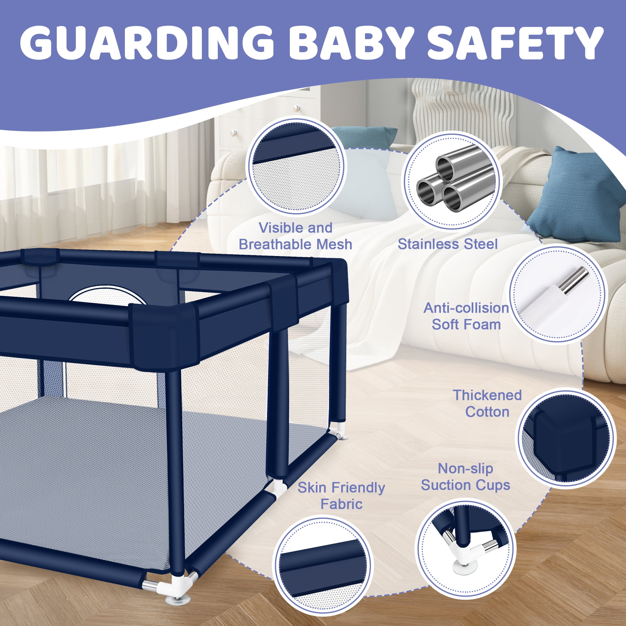 Baby Playpen, HDJ 50*50 inch Baby Play Yard with Soft Breathable Mesh and Anti-Slip Base, Baby Fence Infant Playard for Boy and Girls, Blue