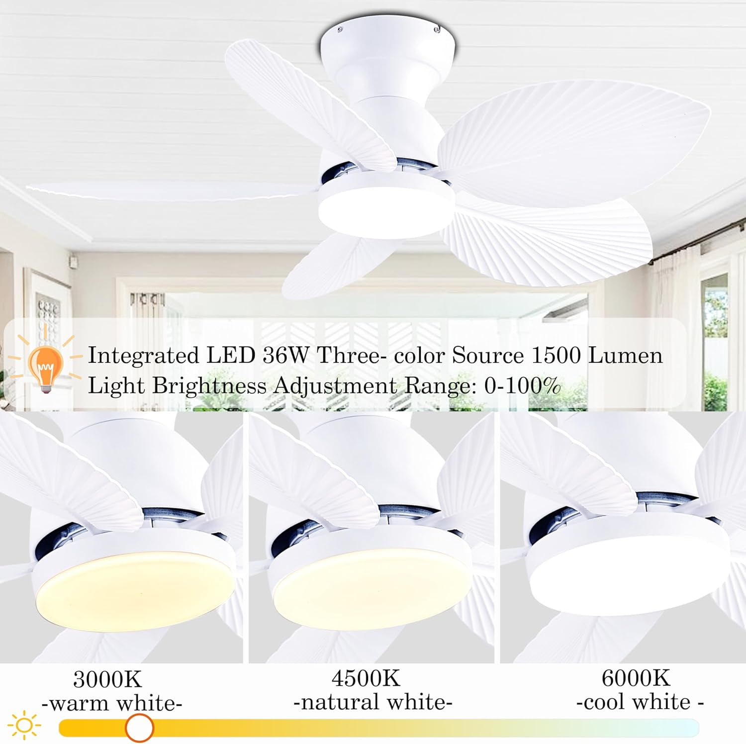 Tropical Ceiling Fans with Light, 38-inch Flush Mount Palm Leaf Ceiling Fans for Bedrooms, Indoors and Outdoors, Remote Control/APP Control, 6-Speed, Dimmable, Reversible, White.