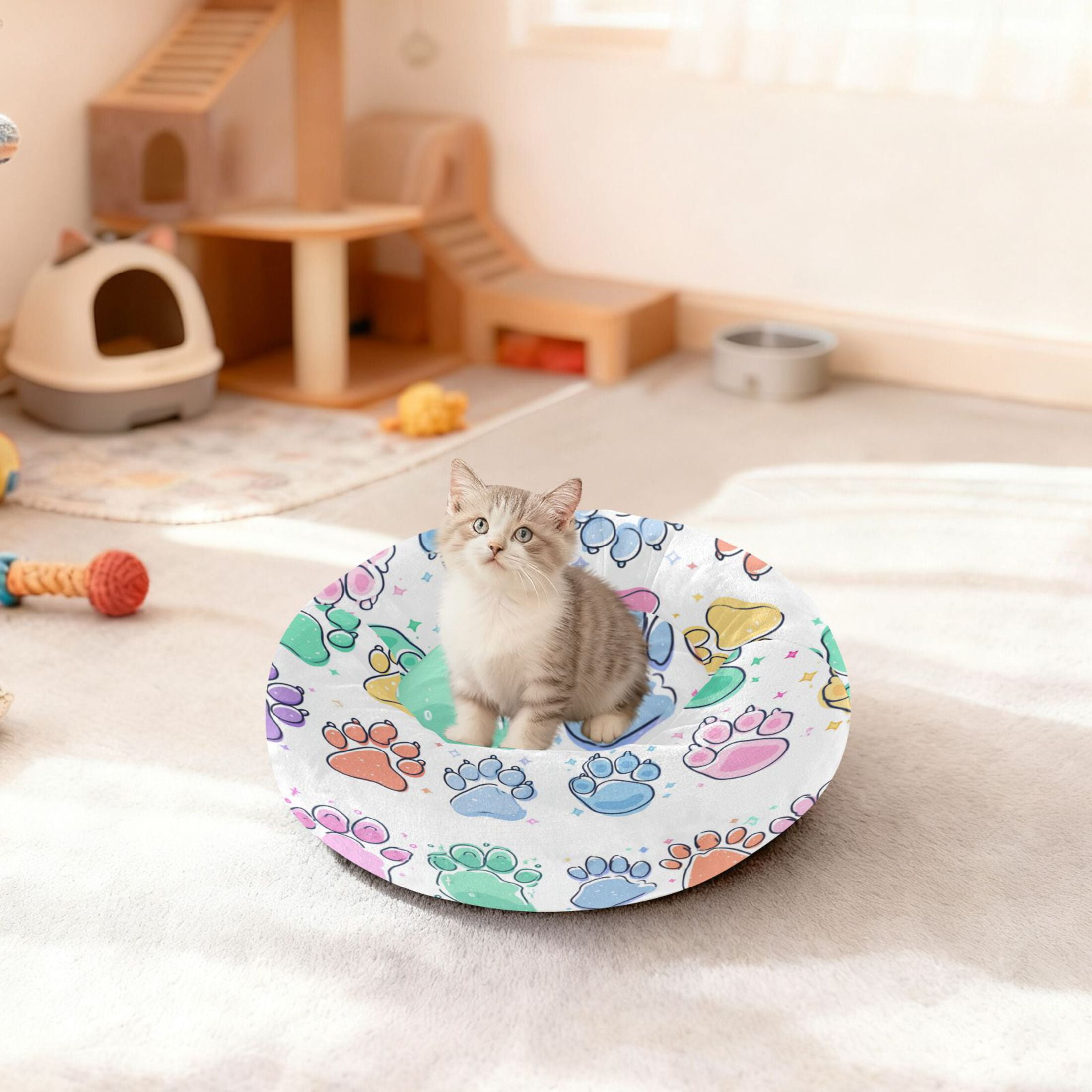 Iauyy Pet Couch Donut Cat Bed for Indoor Cats/Small Dogs Washable & Machine with Non-slip Bottom Calming Cat Furniture, Colorful Cat Paws (S)