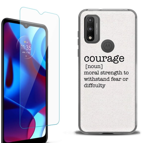 Slim-Fit Protective Phone Case (Black) compatible with Motorola Moto G Pure 5G, with Tempered Glass Screen Protector, by OneToughShield ® - Dictionary/Courage