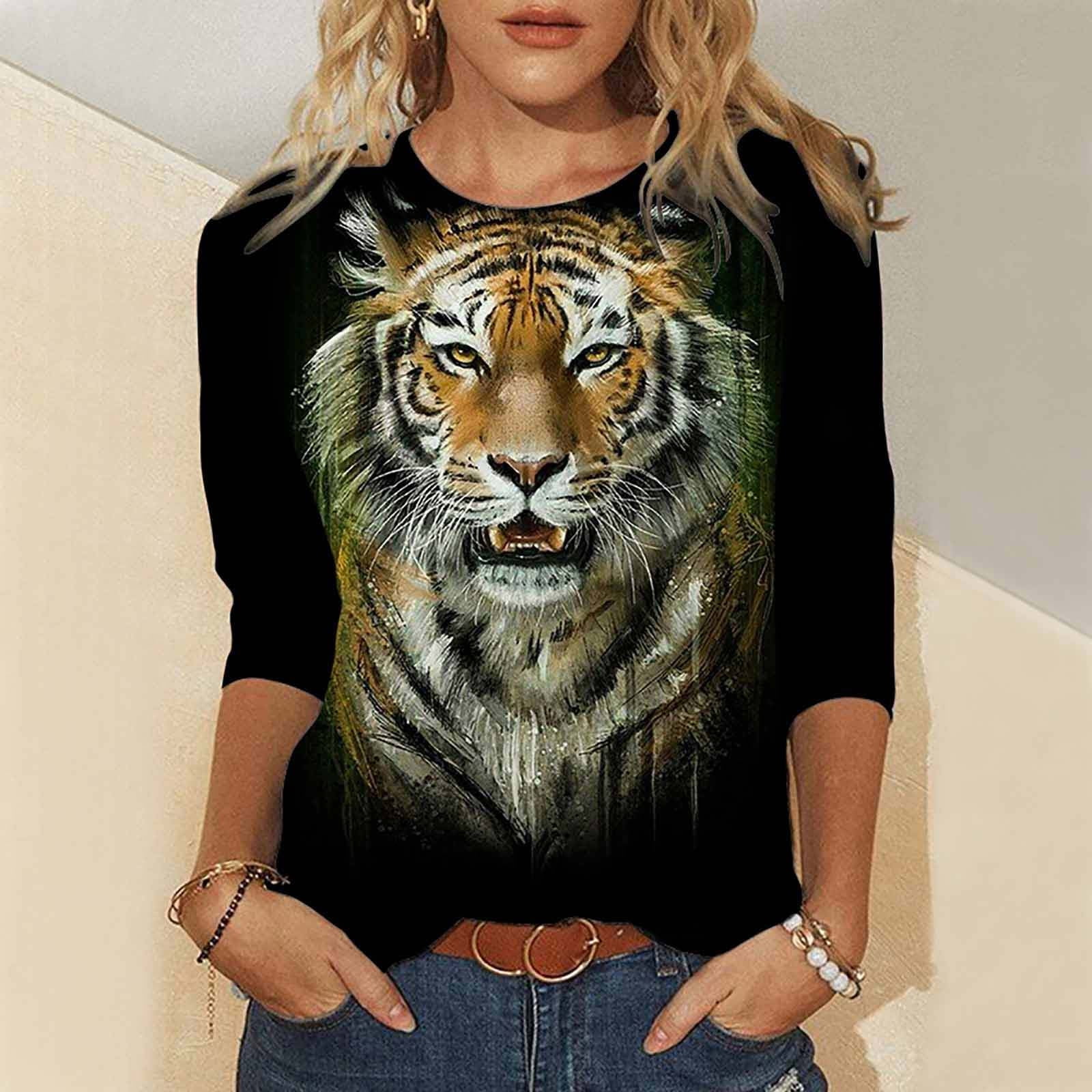 Womens Animal Graphic T Shirt Novelty Tiger Leopard Print Tees 3/4