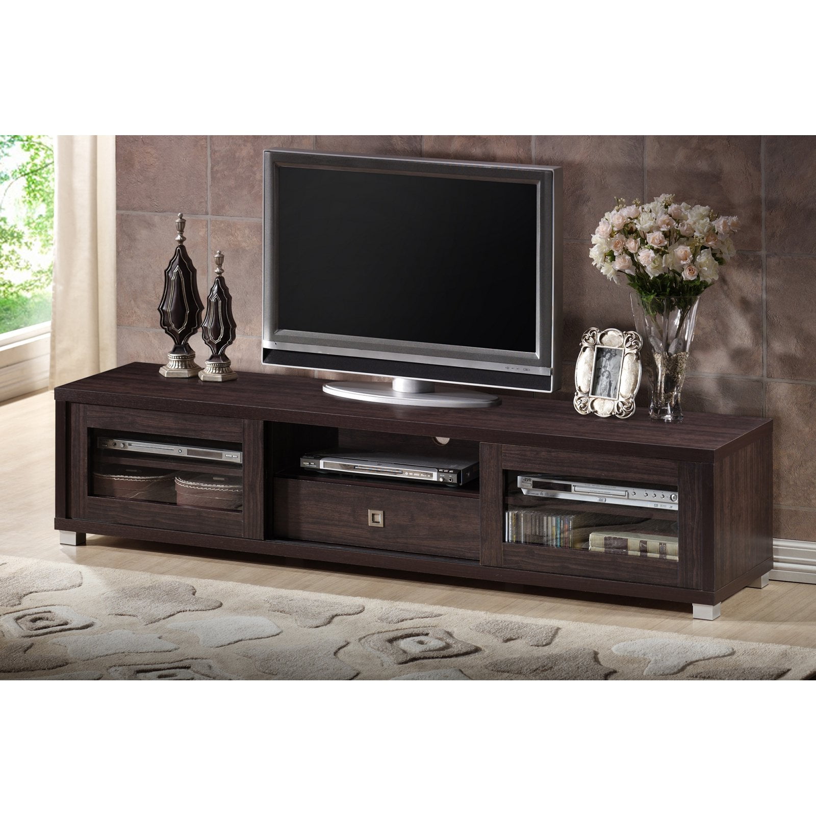 Whole Interiors Sculpten Dark Brown Modern Tv Stand With Glass Whole Interiors Sculpten Dark Brown Modern Tv Stand With Glass Shelves For Tvs Up To 45 Com