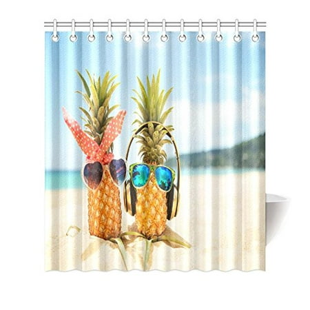 MYPOP Honeymoon Summer Beach of Tropical Island Decor, Funny Pineapples Wearing Sunglasses on the Beach Sand Fabric Bathroom Set with Hooks, 66 X 72 Inches Long, Blue Green Yellow