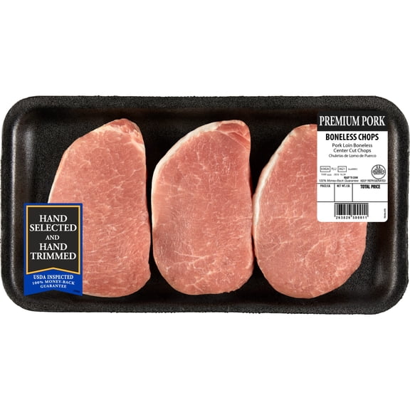 Pork Center Cut Loin Chops Boneless, 3 count, 0.8 - 1.08 lb Tray