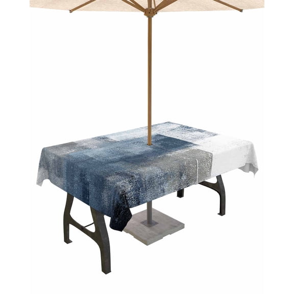 Outdoor Tablecloth with Umbrella Hole for Patio/Picnic/Party/Camping, Blue Grey Waterproof Table Cloth Rectangle Table Cover Washable, Abstract Modern Painting Mottled White Art 52"x 70"