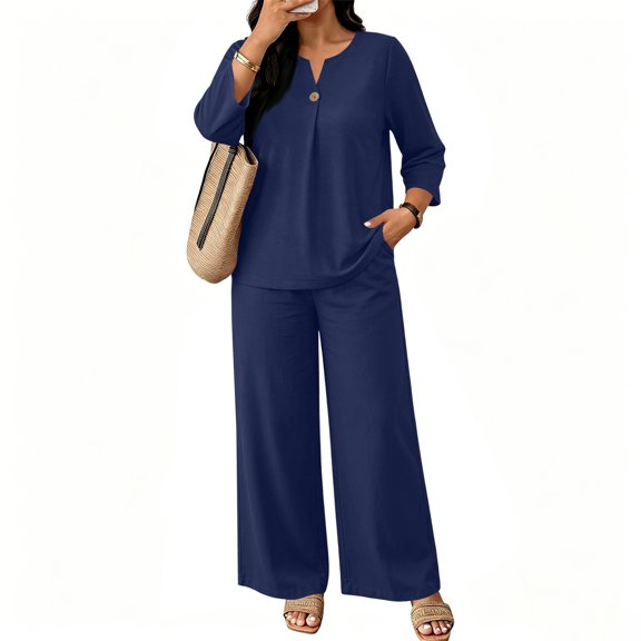 Womens Summer 2 Piece Lounge Sets 3/4 Sleeve V Neck Top Wide Leg Palazzo Pants Set Beach Travel Outfits