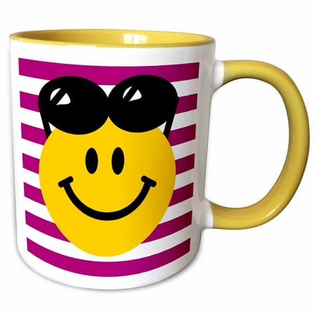 3dRose Summery Smiley face with black sunglasses perched on head - Summer Smilie with shades - red stripes - Two Tone Yellow Mug, 11-ounce