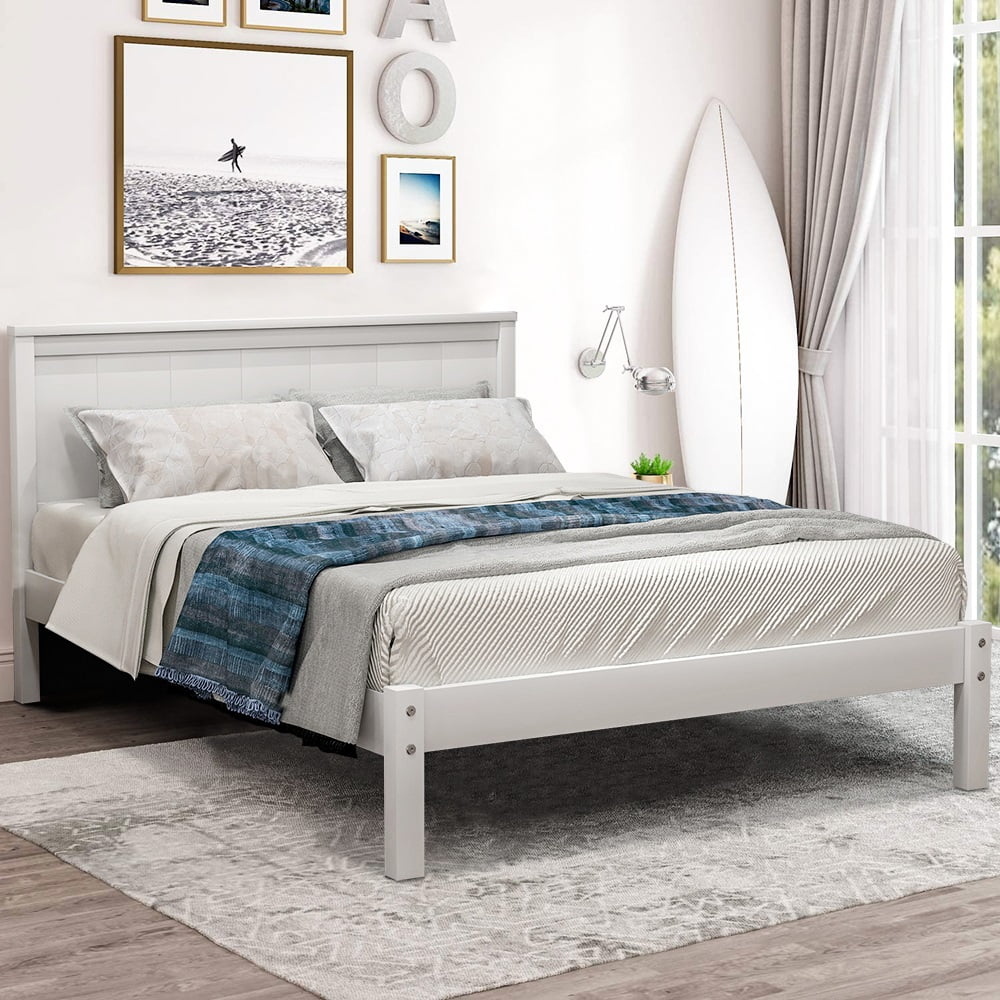 White Twin Bed Frame, Modern Wood Platform Bed Frame with Headboard, Heavy Duty Twin Bed