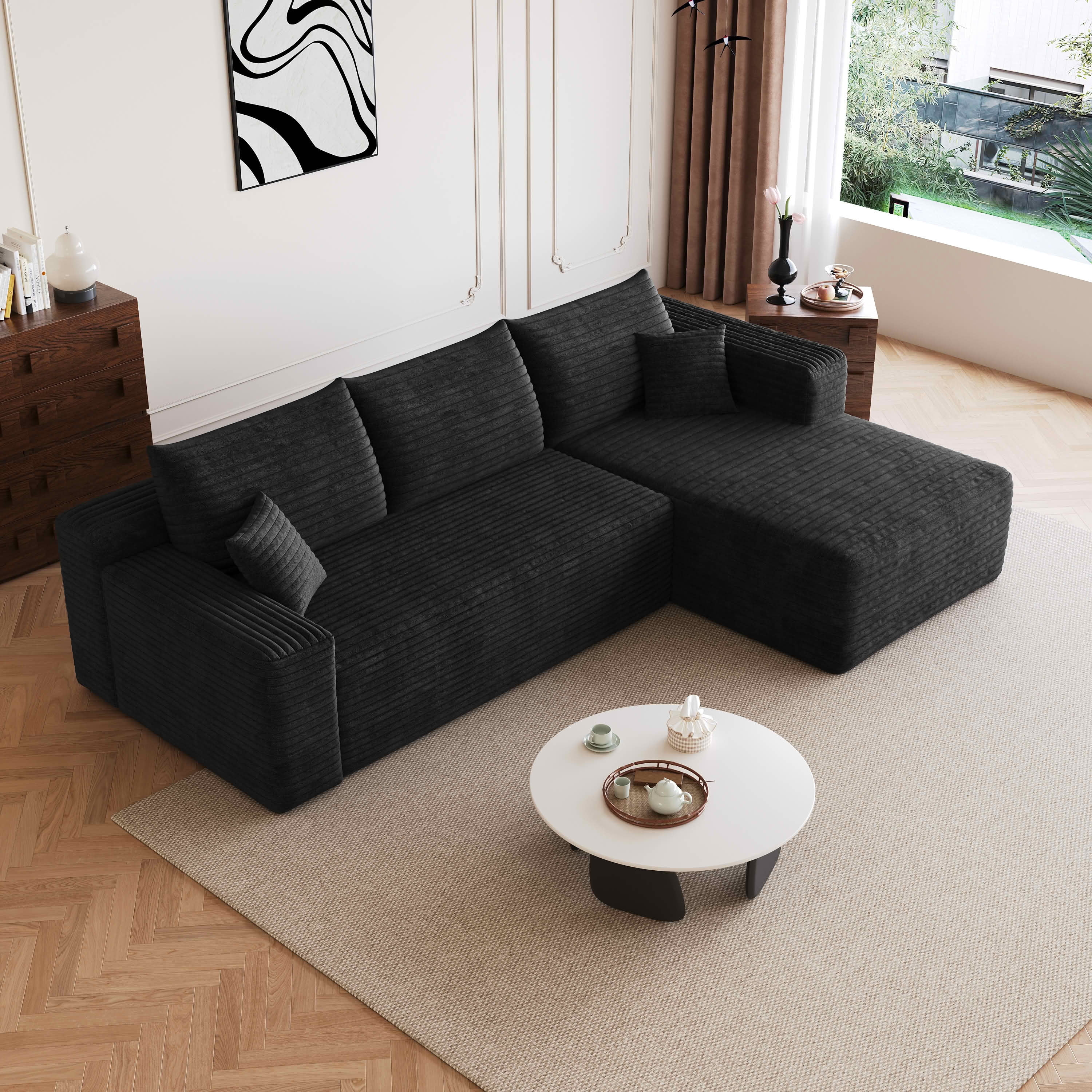 MAYEERTY 95" Cloud Sectional Sofa, U-Shaped Corduroy Upholstered Deep Seat Couch, No Assembly for Living Room, Black