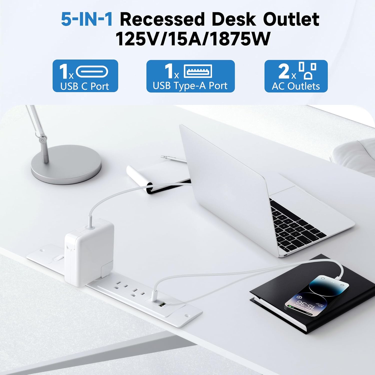 RGHJAR-Recessed Power Strip with 6 Feet Cord, 45 Degree 3-Prong Thin Flat Plug, 3 AC Outlets (1 Widely Spaced AC Outlets),2 USB Ports (20W PD USB-C & 18W QC3.0 USB-A) 980J Surge Protection, ETL Liste