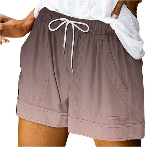 Mrat Plaid Shorts Ladies Womens Plus Size Comfy Drawstring Casual Elastic Waist Pocket Loose Shorts Pants High Waist Leggings with Pockets S-299 Pink-A S