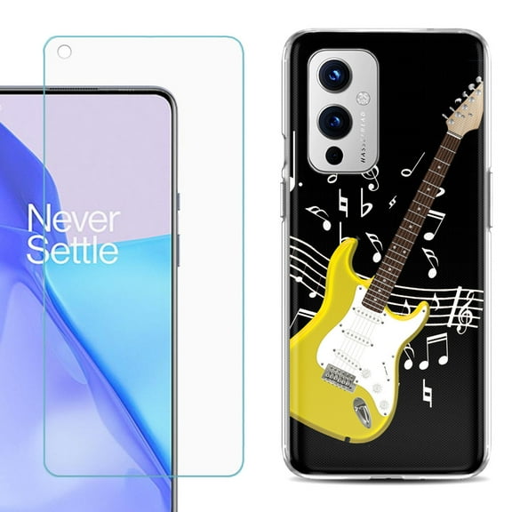 Slim-Fit TPU Phone Case Compatible with OnePlus 9 5G, with Tempered Glass Screen Protector, by OneToughShield ® - Guitar Yellow