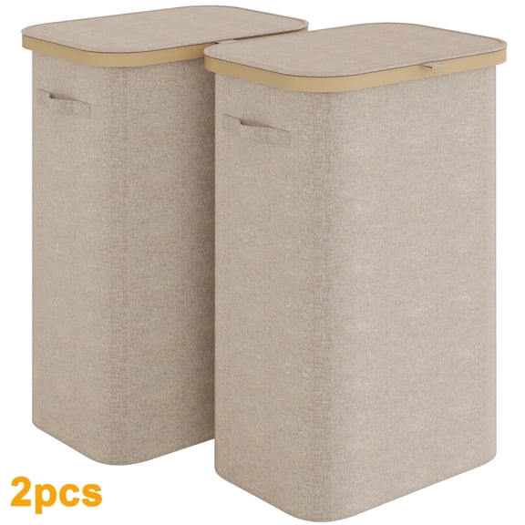 BGTREND 2Pack Slim Laundry Hamper with Lid 85L Foldable Clothes Basket with Removable Mesh Bag & Handle for Closet Bathroom Bedroom (Beige)