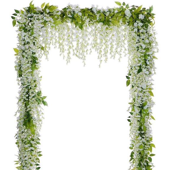 Wisteria Artificial Flowers Garland, 4Pcs Total 28.8ft White Vine Silk Hanging Flower for Home Garden Outdoor Ceremony Wedding Arch Floral Decor