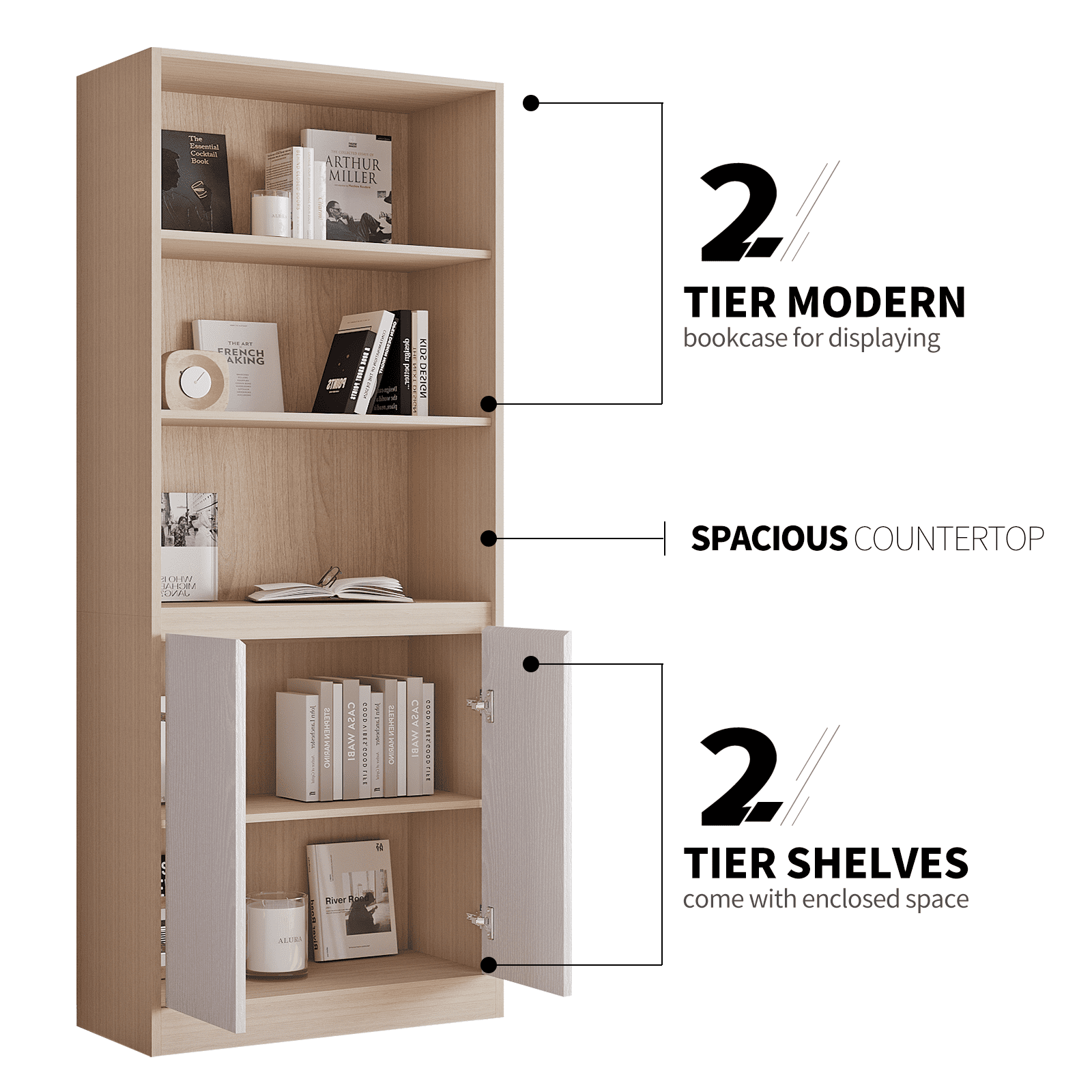 RichYa 71"H Tall Entryway Bookcase with Doors,Storage Cabinet with Open Shelf,3 Tier Bookshelf for Living Room,Entryway,Wood